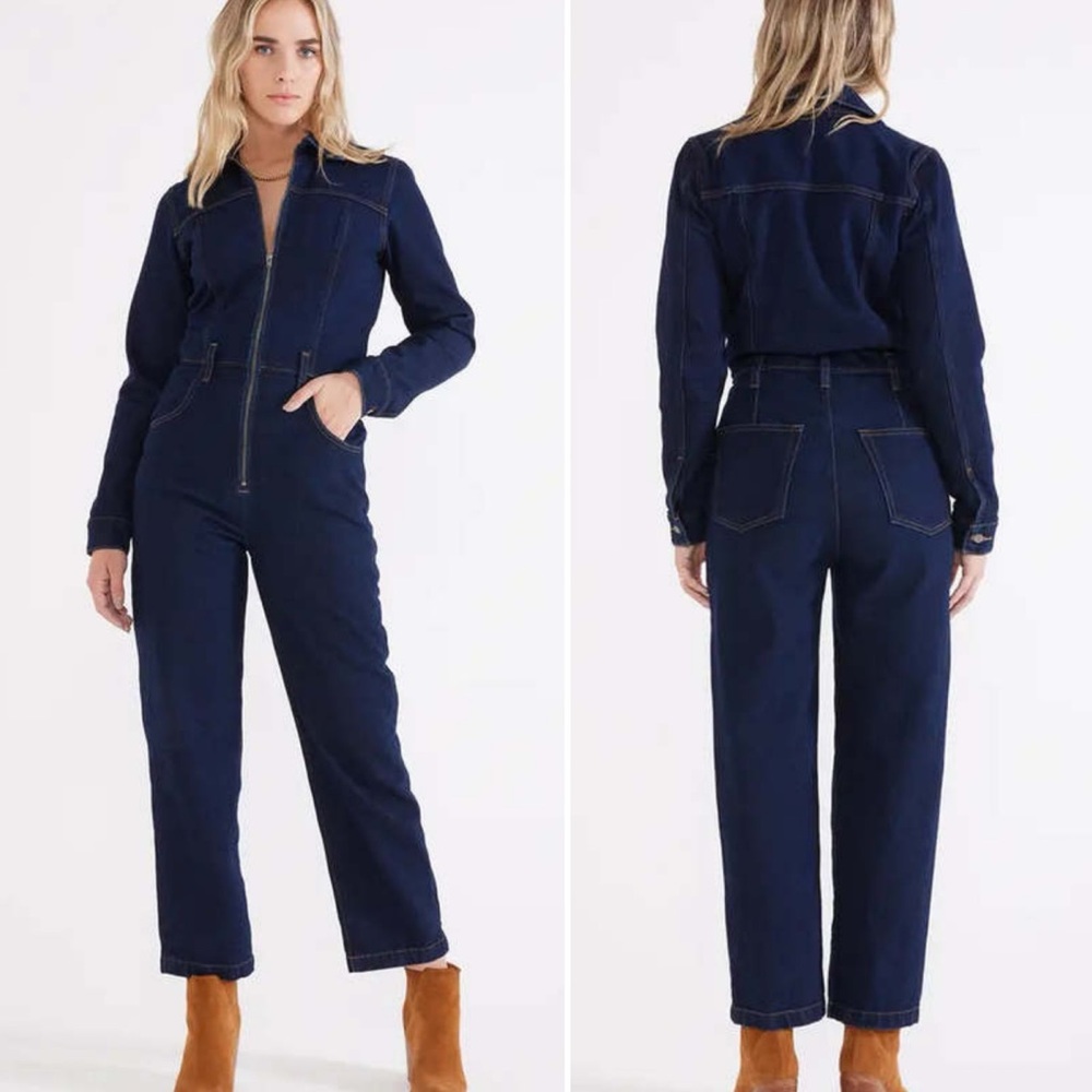 ETICA Farrah Jumpsuit in Night Swim Denim Blue Zip Front size medium